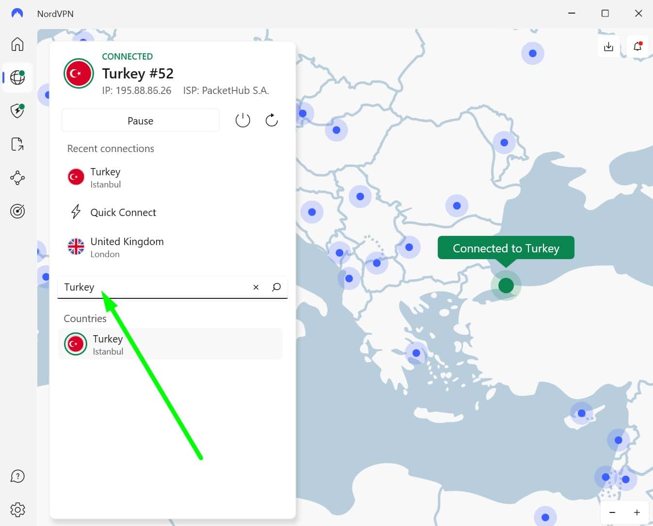 Screenshot of NordVPN's Turkish server location
