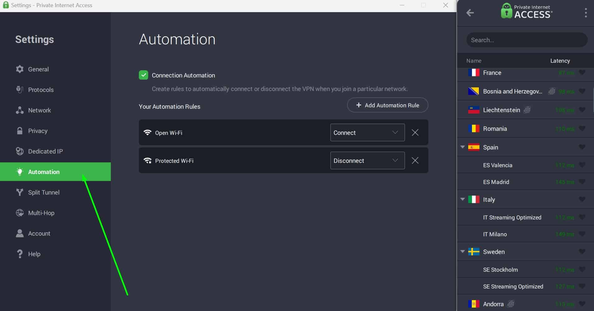 Screenshot showing PIA's automation menu