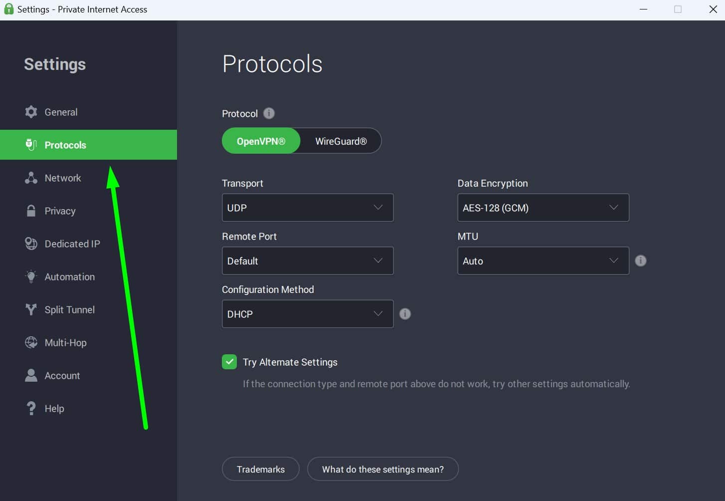Screenshot of PIA's connection settings