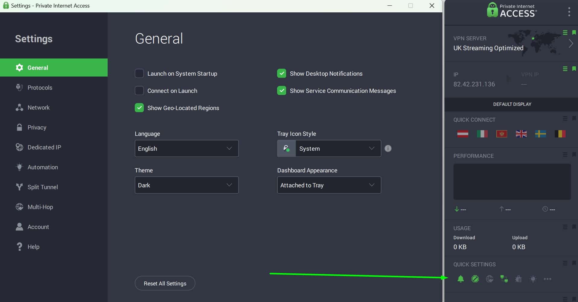 Screenshot of PIA's interface and quick settings