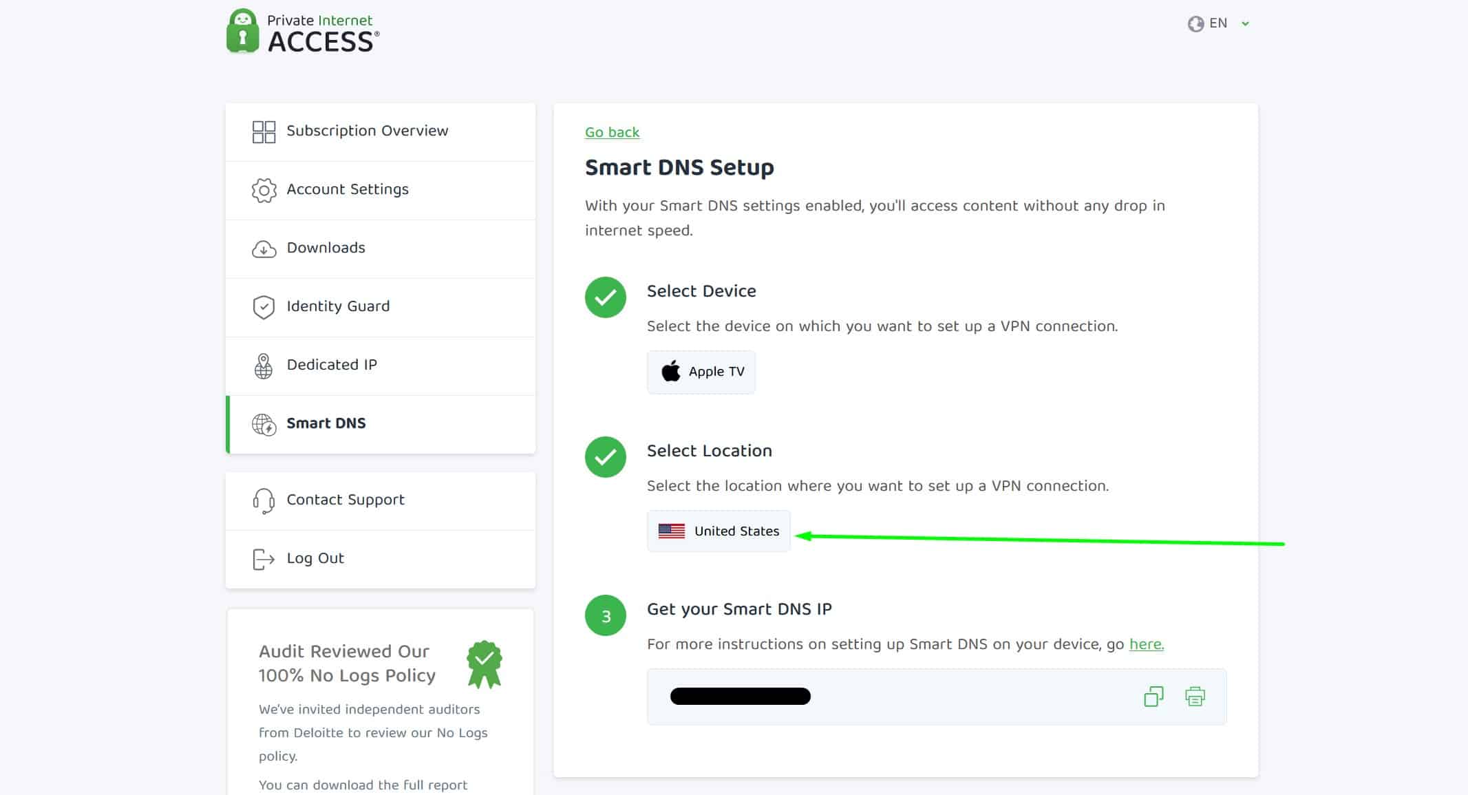 Screenshot of PIA's smart dns setup process