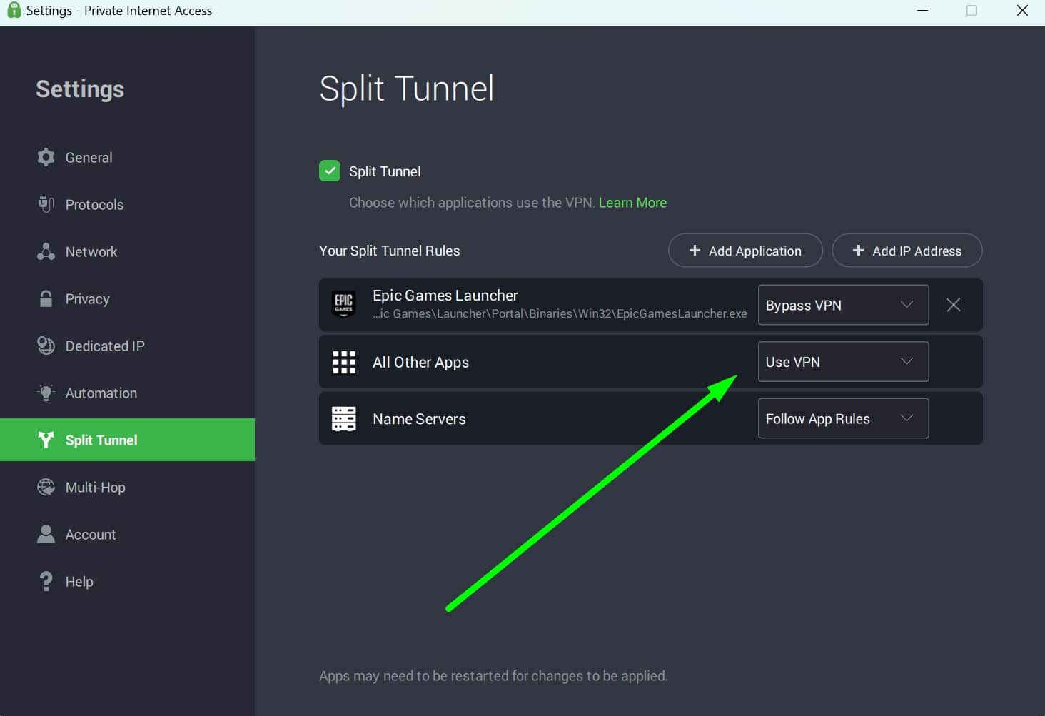 Screenshot of PIA's split tunneling options