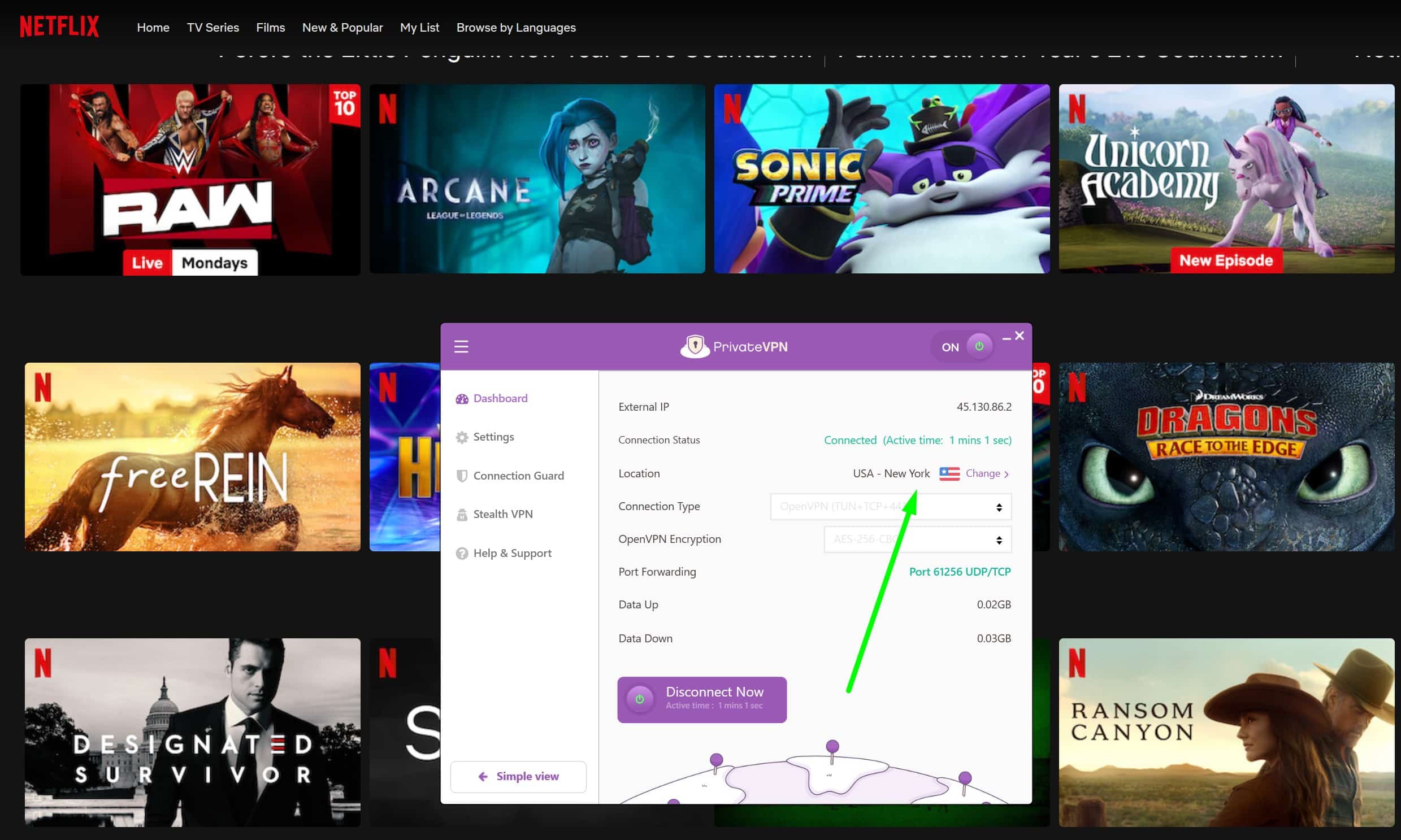 Screenshot showing PrivateVPN unlocking Netflix US