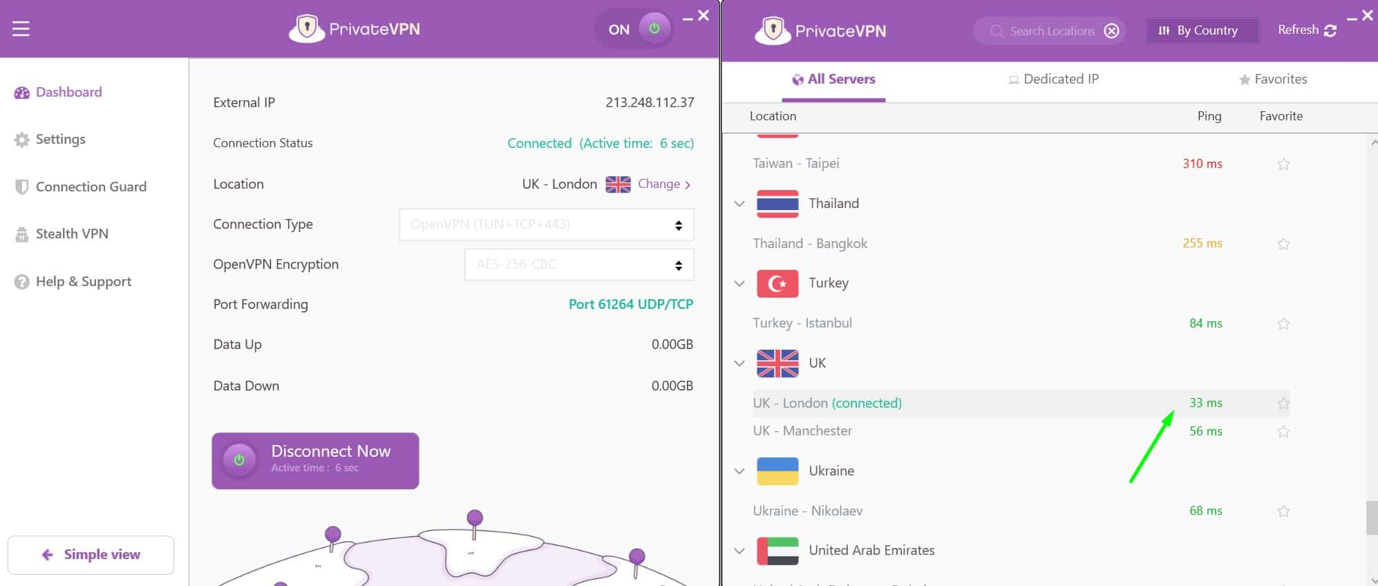 Screenshot showing PrivateVPN's UK servers and ping reading