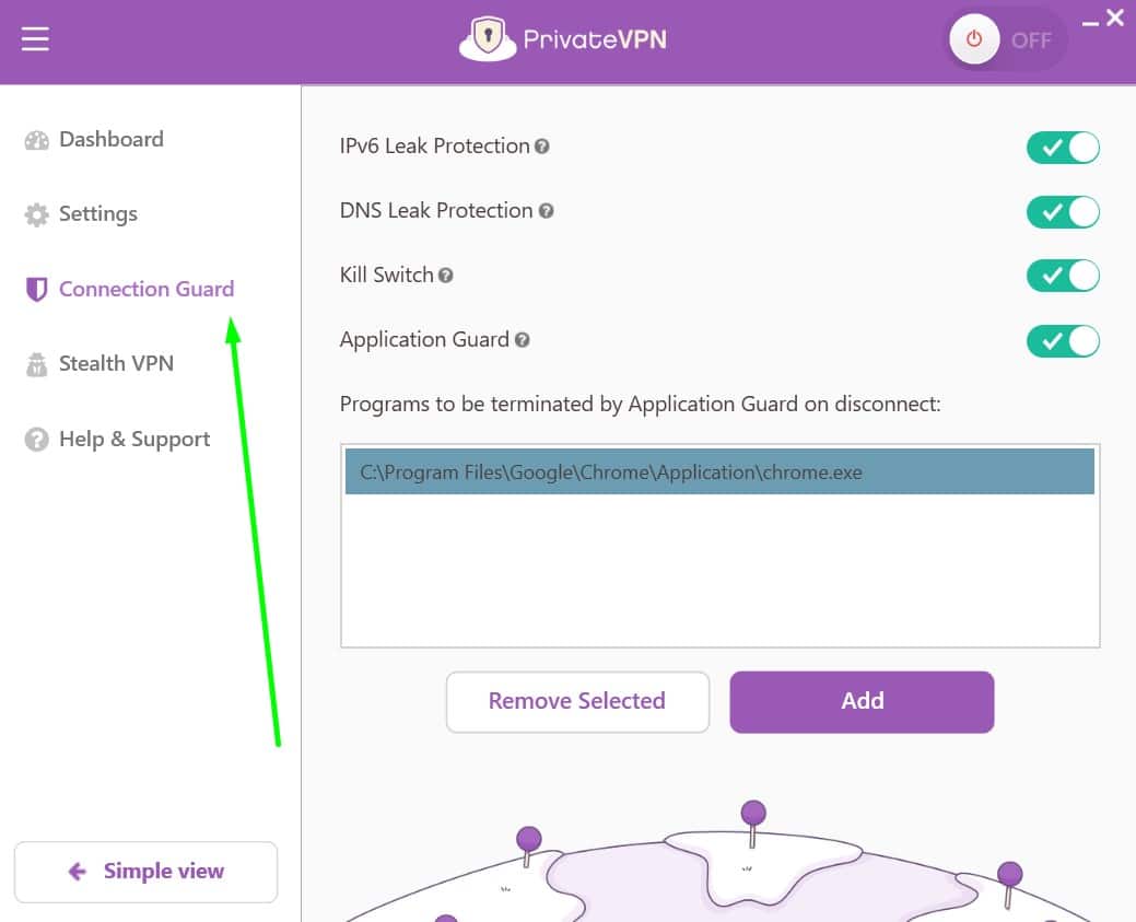 Screenshot showing PrivateVPN's connection guard settings