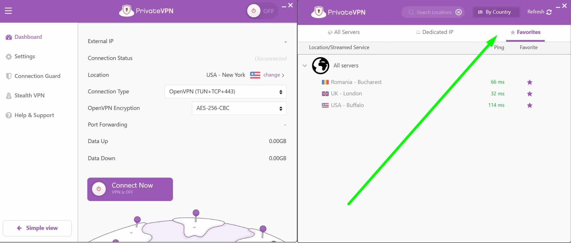 Screenshot showing PrivateVPN's favorite server screen