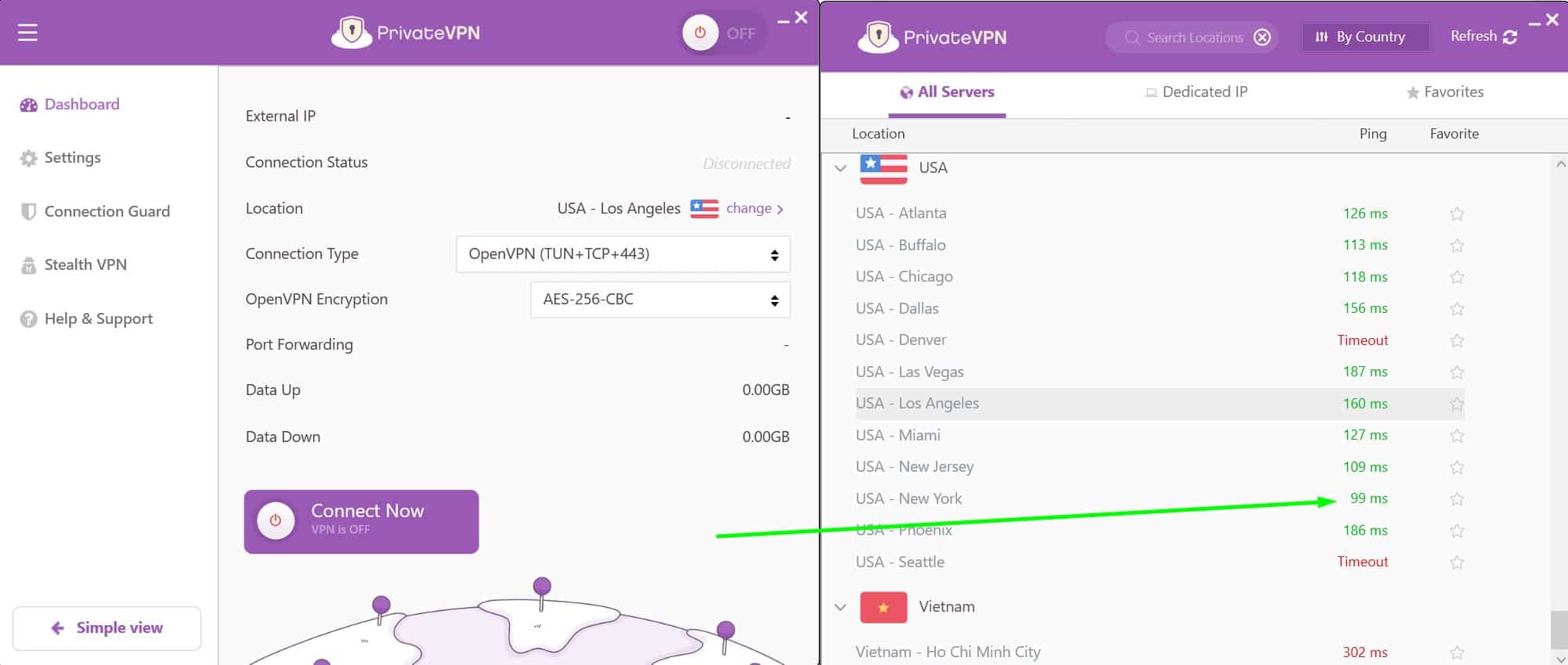 Screenshot showing PrivateVPN's server ping counts