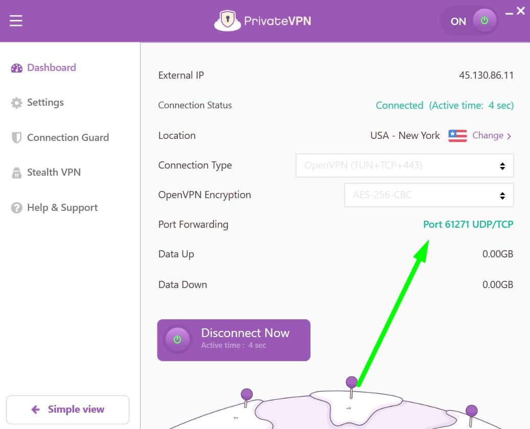Screenshot of PrivateVPN's port forwarding settings