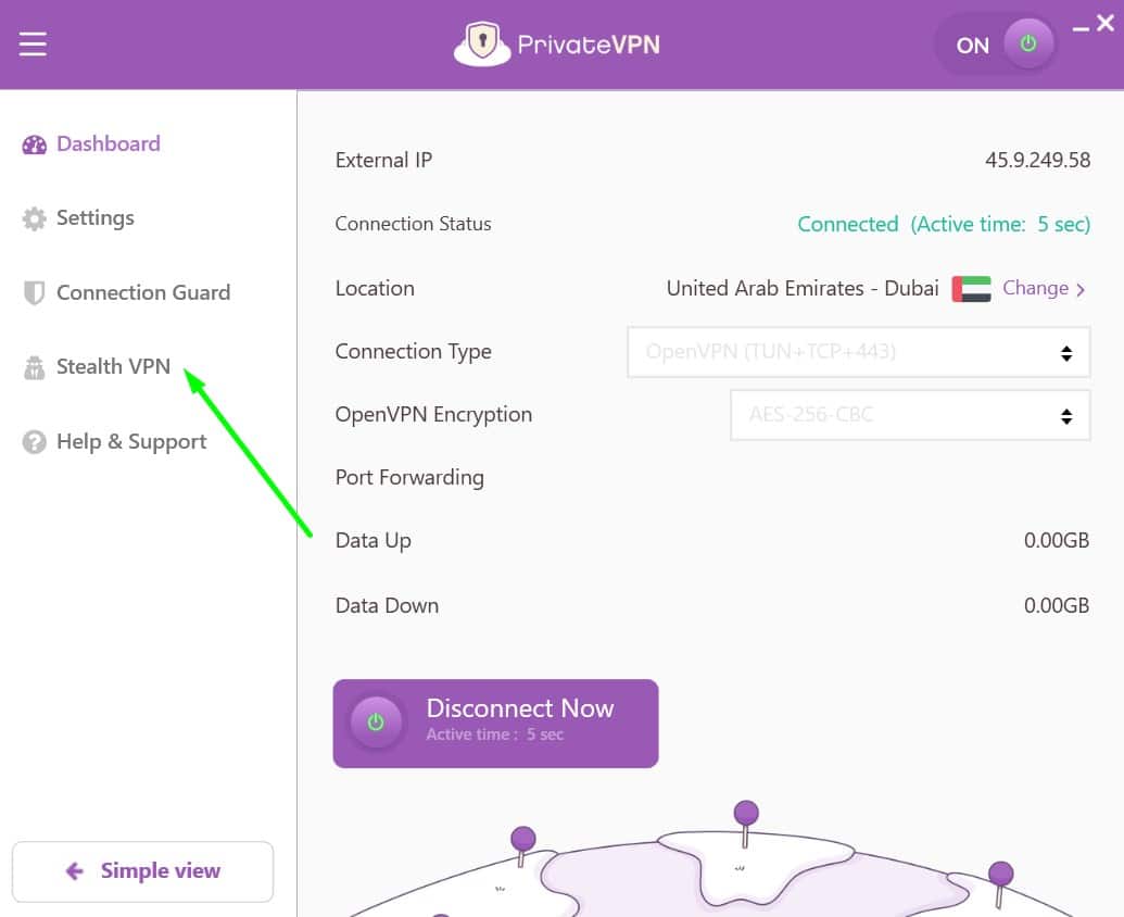 Screenshot showing PrivateVPN's main page and stealth vpn tool