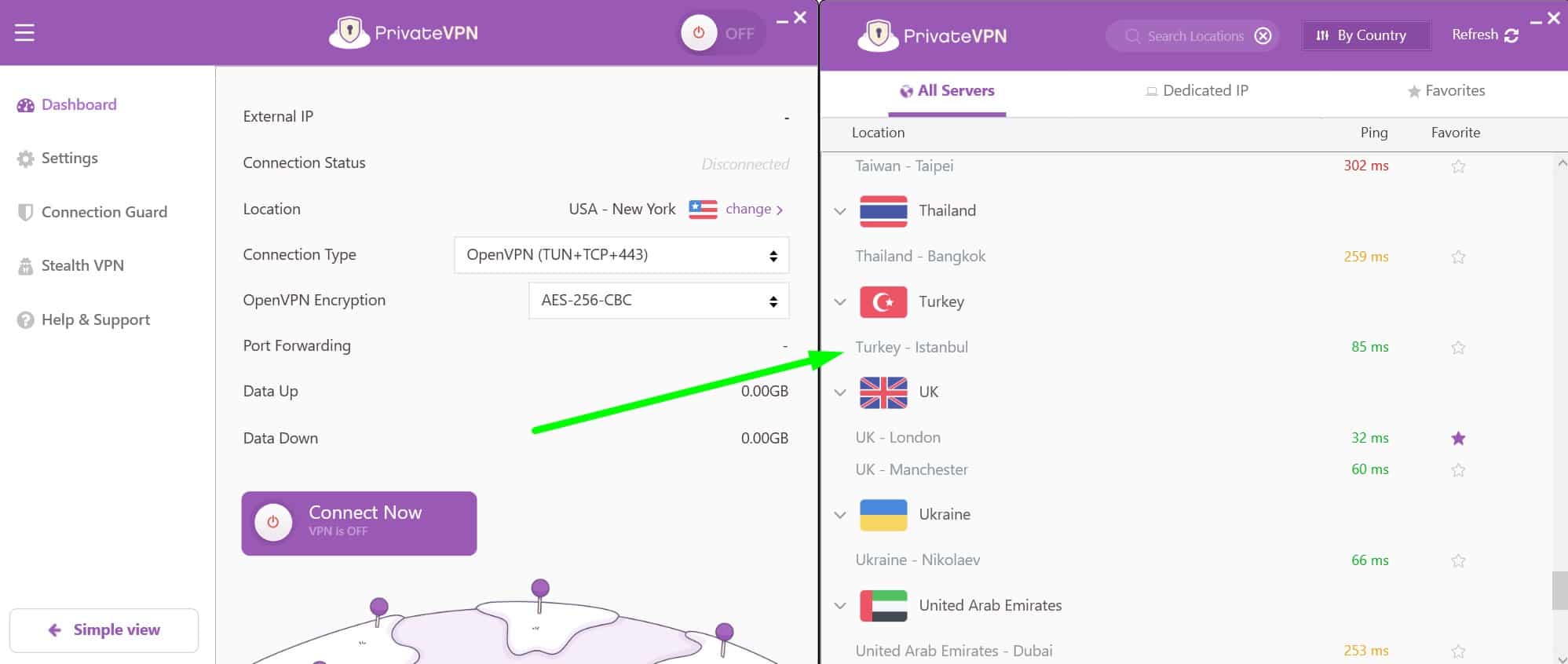 Screenshot showing PrivateVPN's turkey server