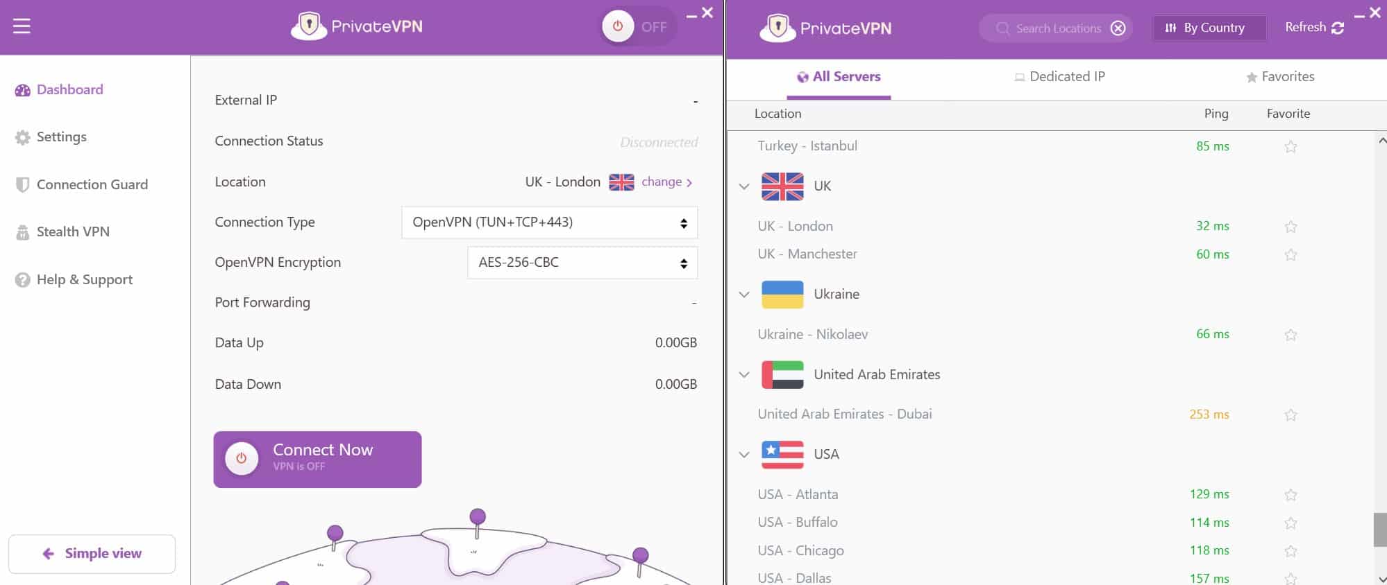 Screenshot showing PrivateVPN's windows app