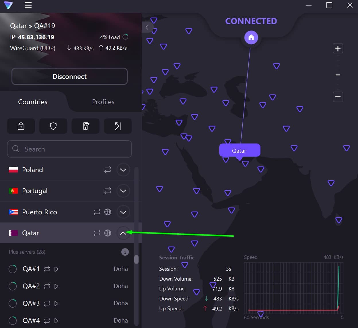 Screenshot showing ProtonVPN's Qatari servers