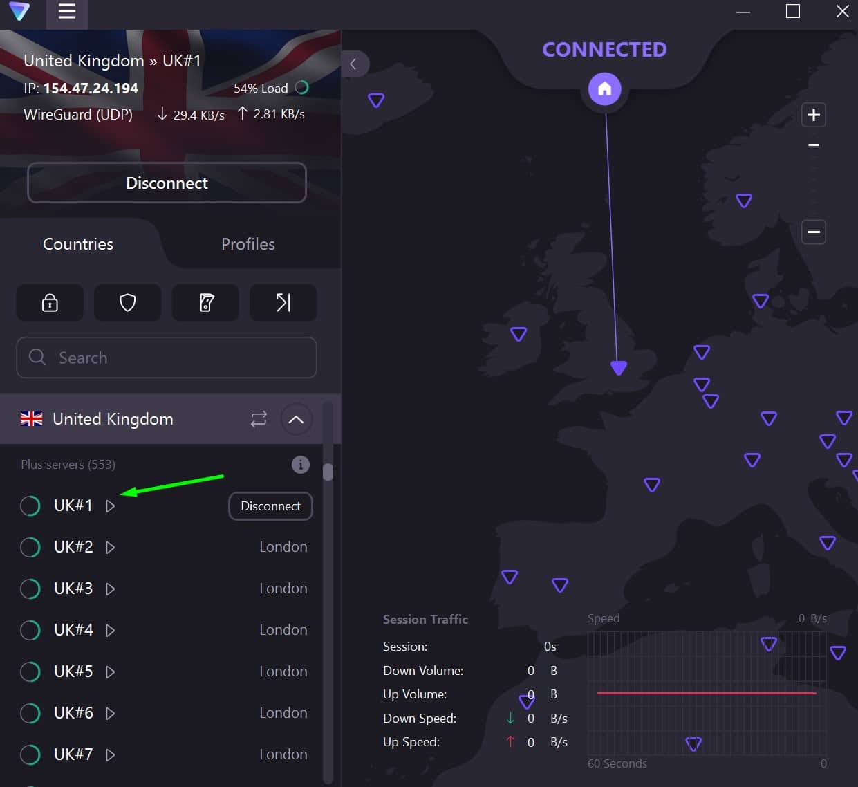 Screenshot showing ProtonVPN's UK servers