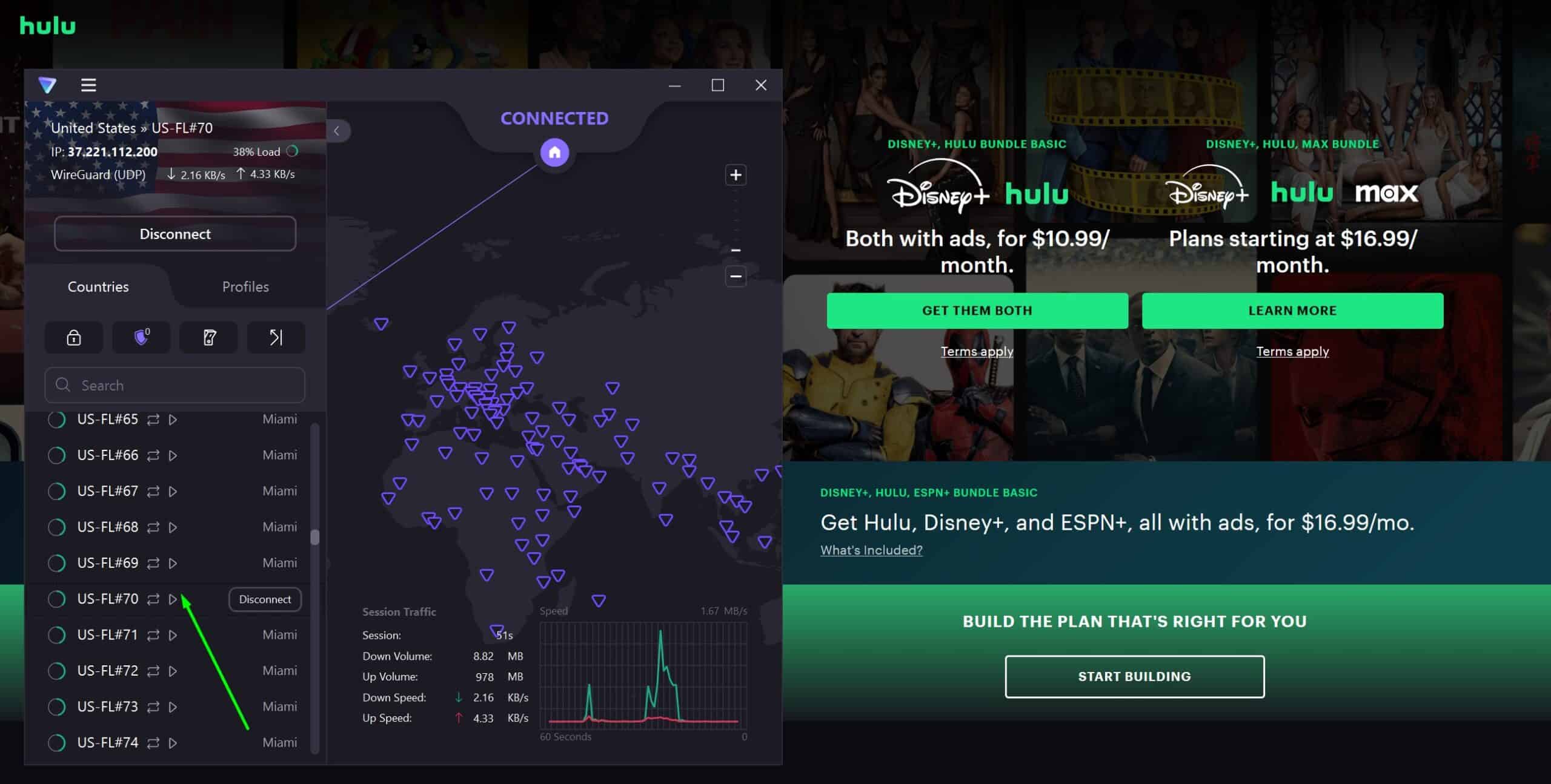 Screenshot showing ProtonVPN unblocking Hulu