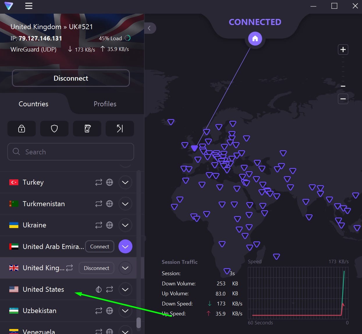 Screenshot showing ProtonVPN's server list