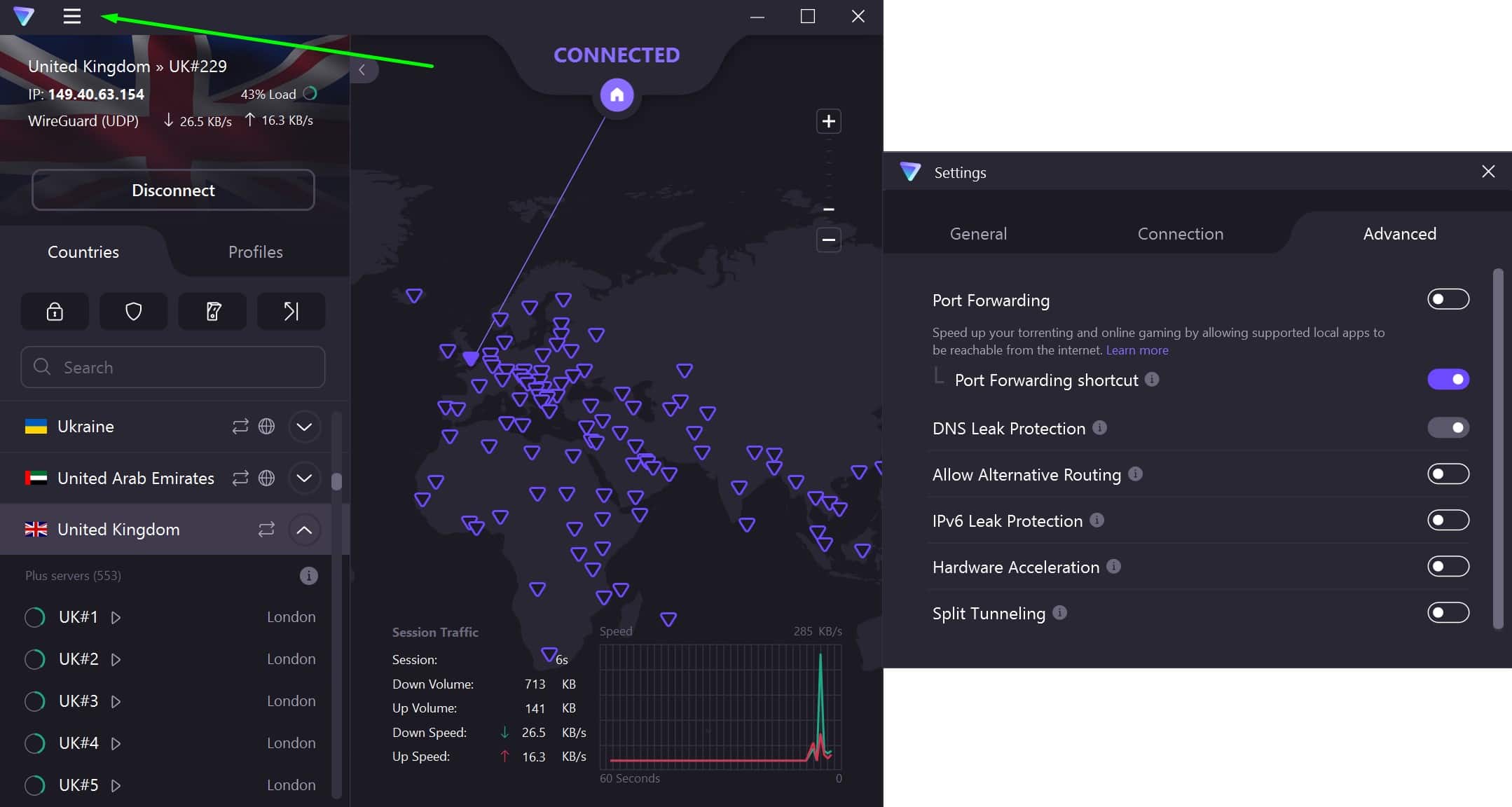 Screenshot showing ProtonVPN's advanced settings and main screen
