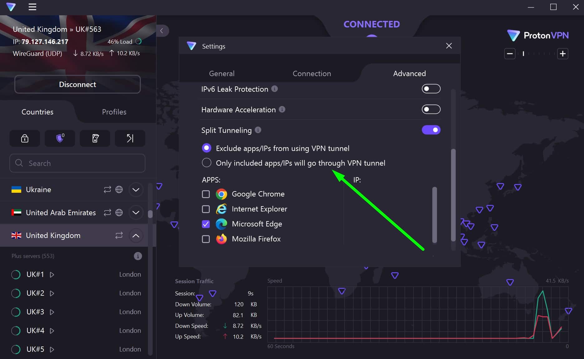 Screenshot of ProtonVPN's split tunneling options