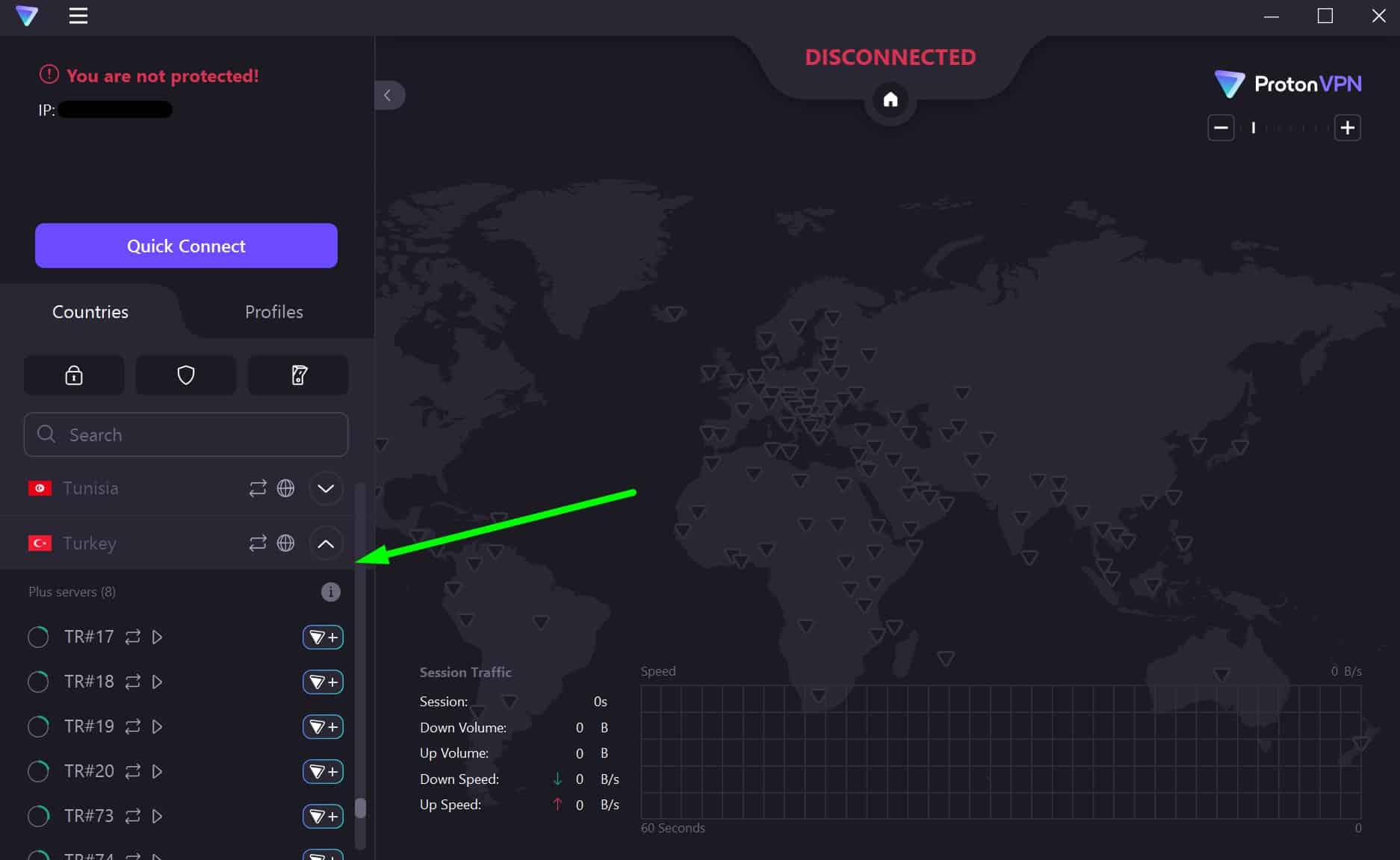 Screenshot showing ProtonVPN's turkey servers