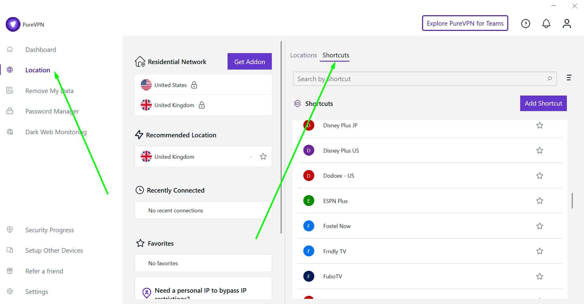 Screenshot showing to access PureVPN's ESPN+ server