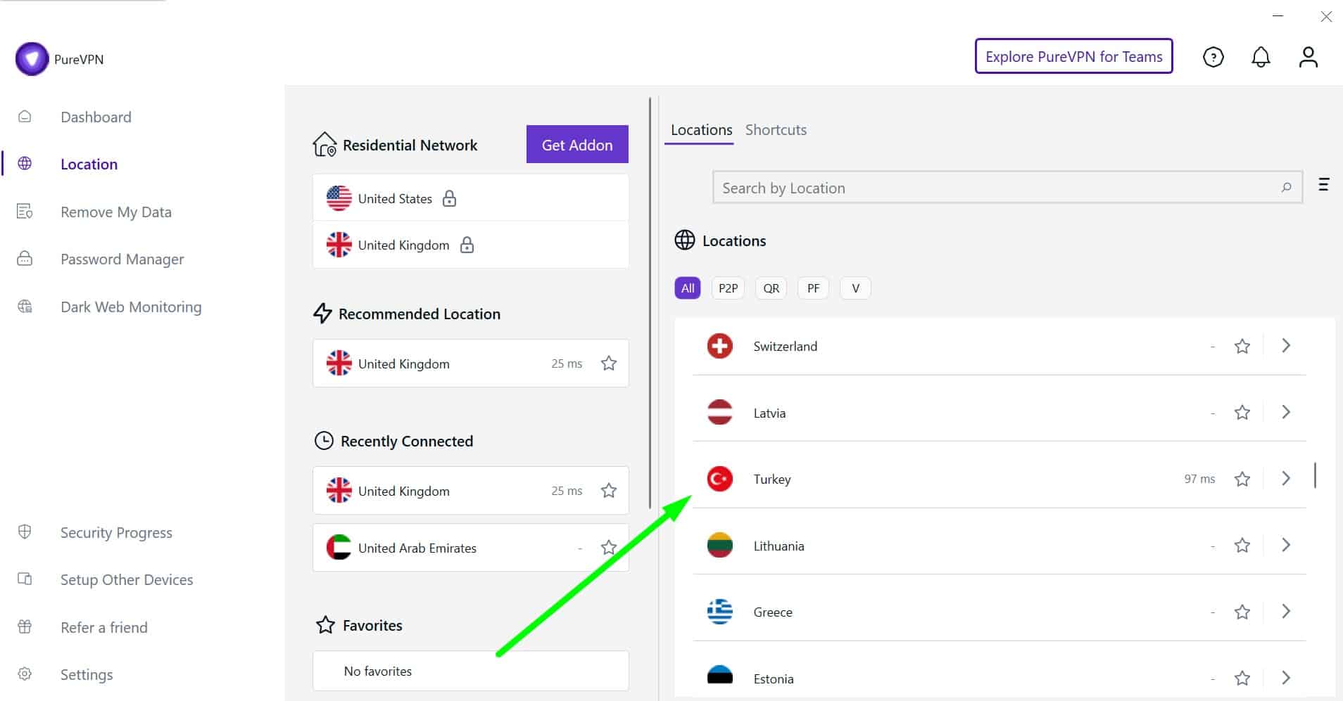 Screenshot showing PureVPN's turkey server
