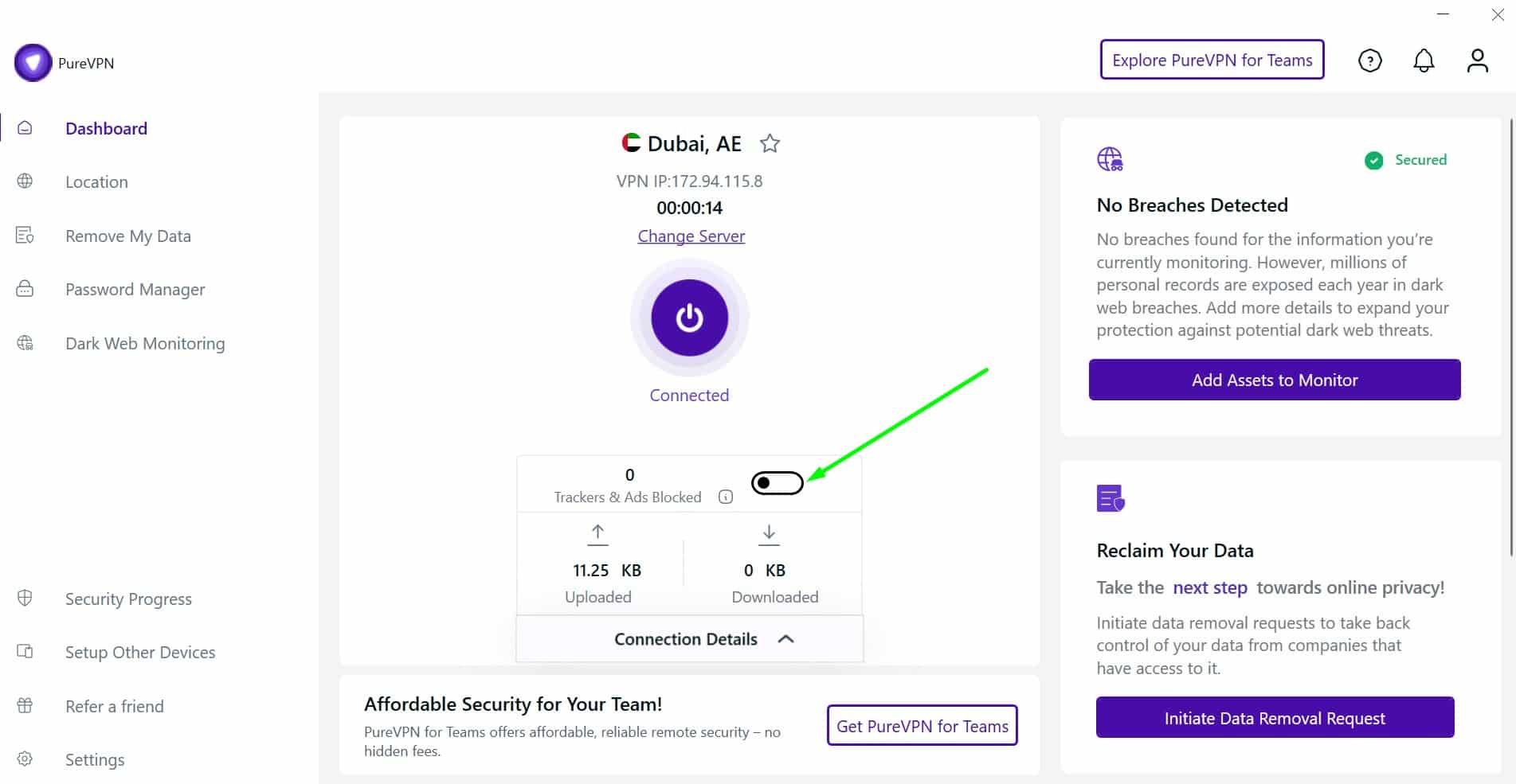 Screenshot showing PureVPN's tracker-blocking toggle