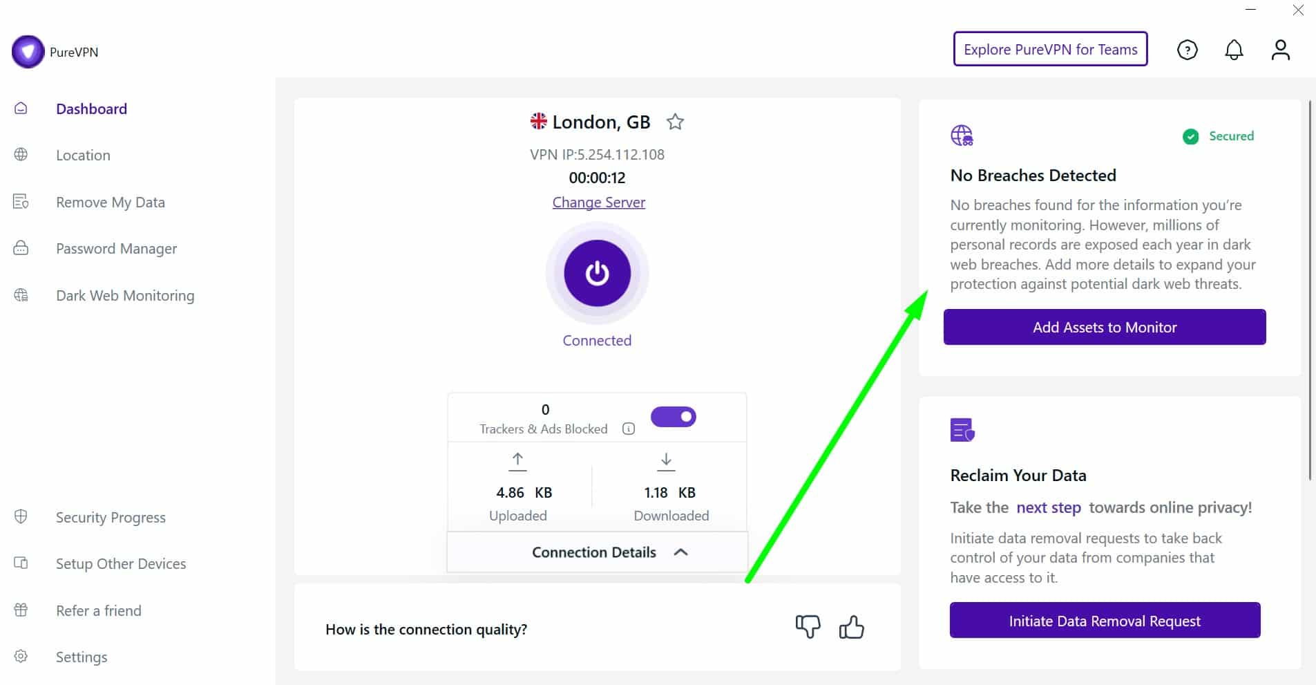 Screenshot showing PureVPN's breach detection results