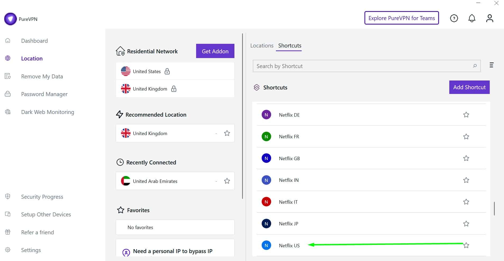 Screenshot showing PureVPN's Netflix servers