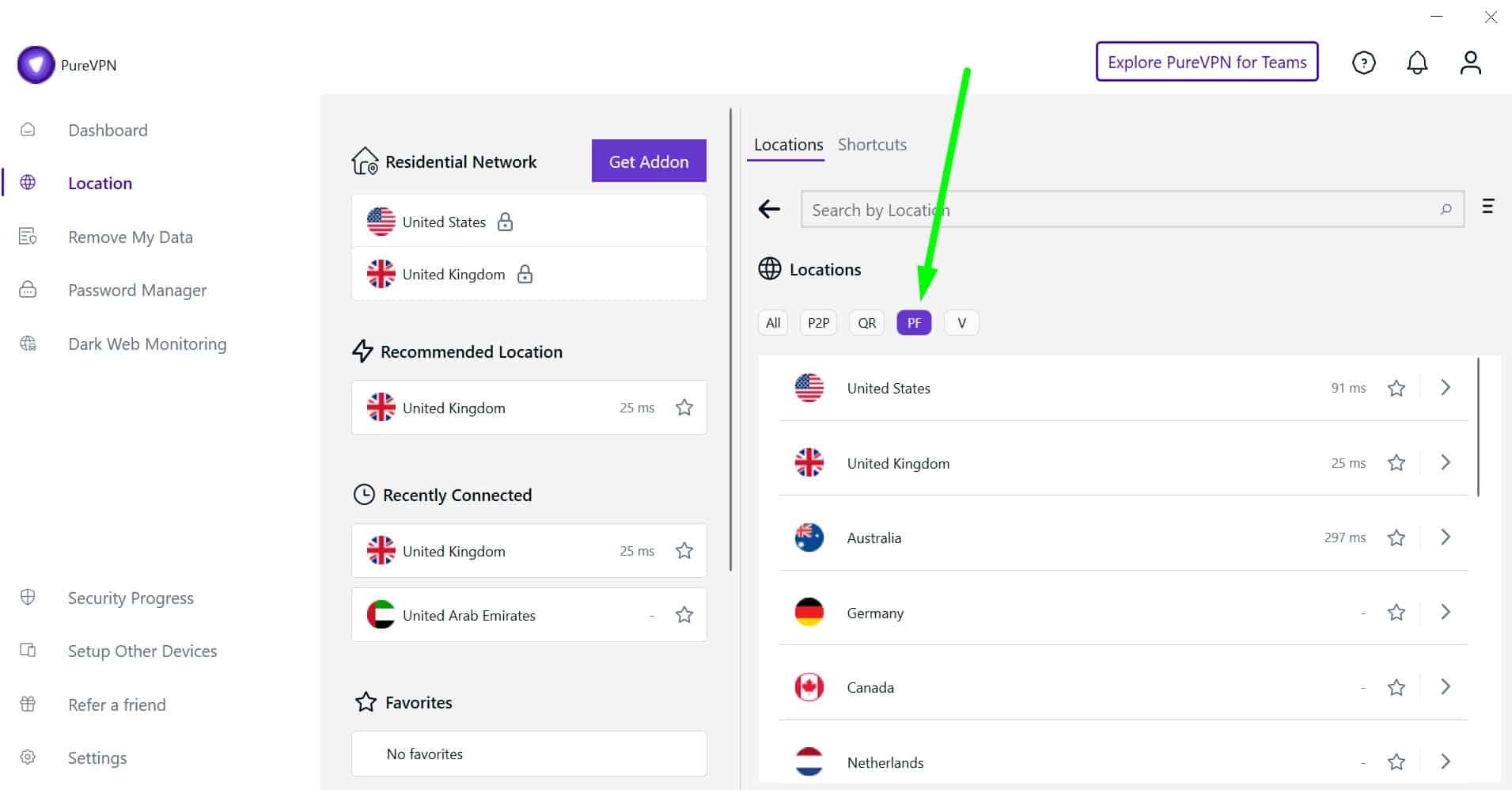 Screenshot showing PureVPN's port forwarding filter