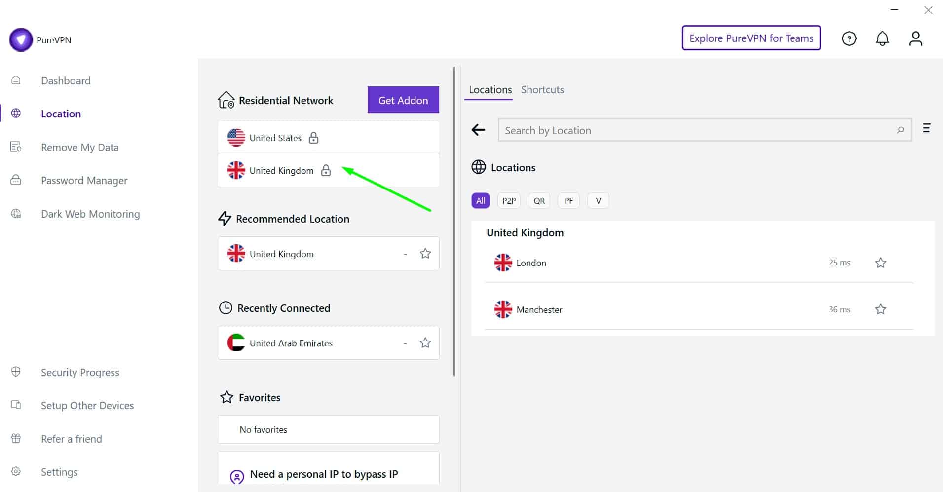 Screenshot of PureVPN's residential IP options