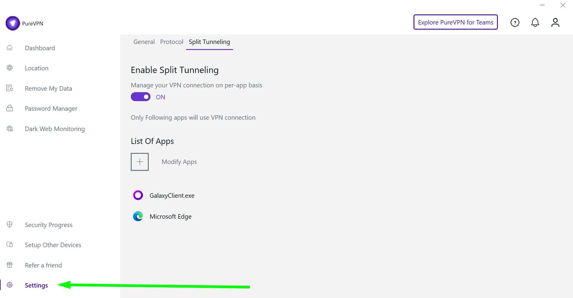 Screenshot of PureVPN's split tunneling menu