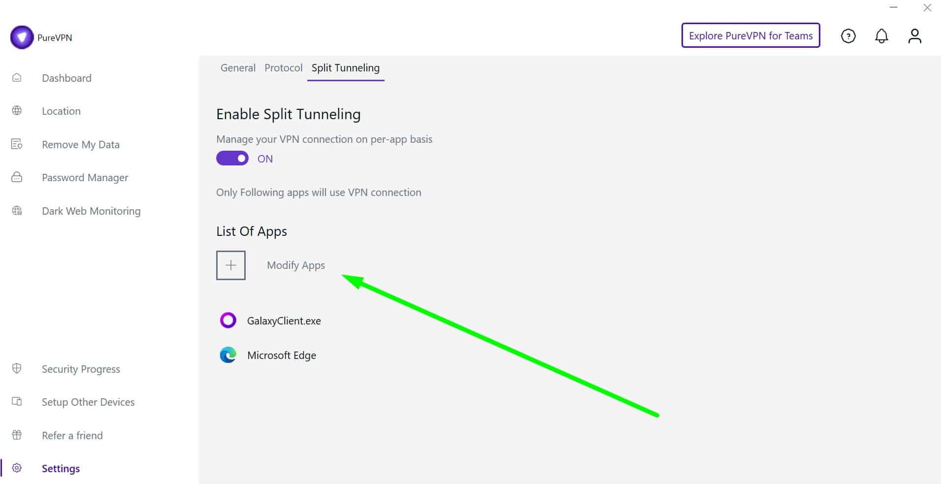 PureVPN split tunneling options