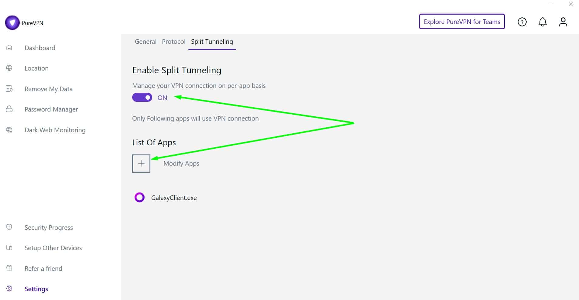 Screenshot showing PureVPN's split tunneling features