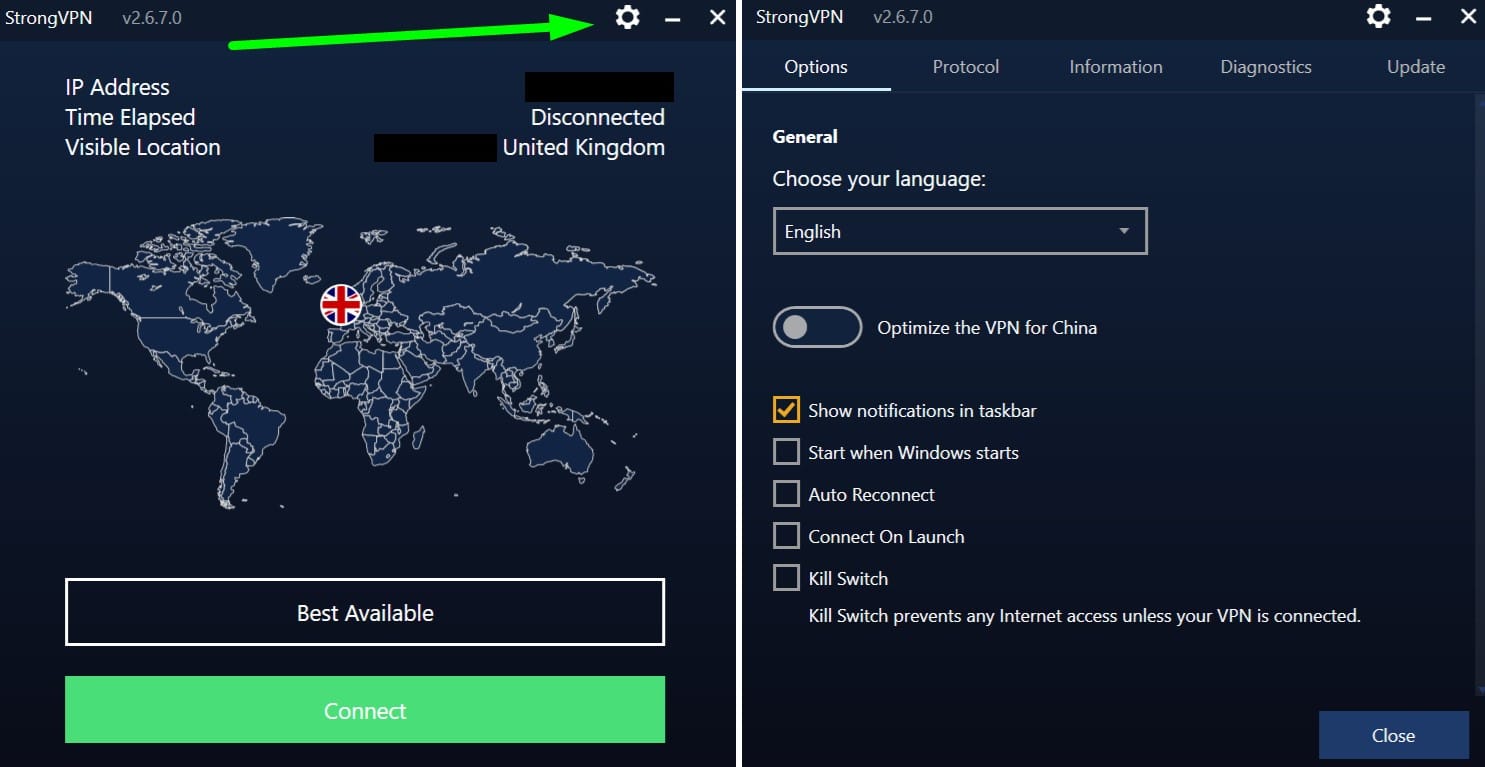 Screenshot showing StrongVPN's Windows app