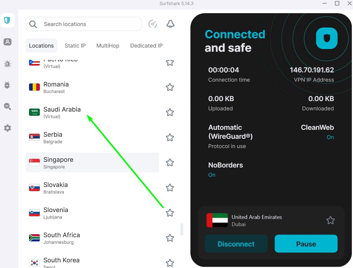 Screenshot showing Surfshark's UAE and Saudi Arabian servers