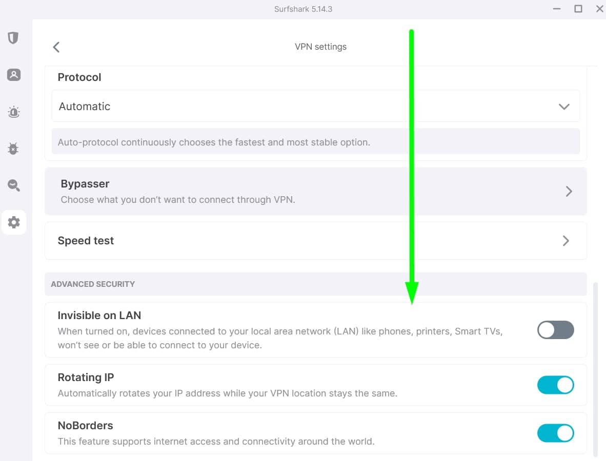 Screenshot showing Surfshark's advanced security options