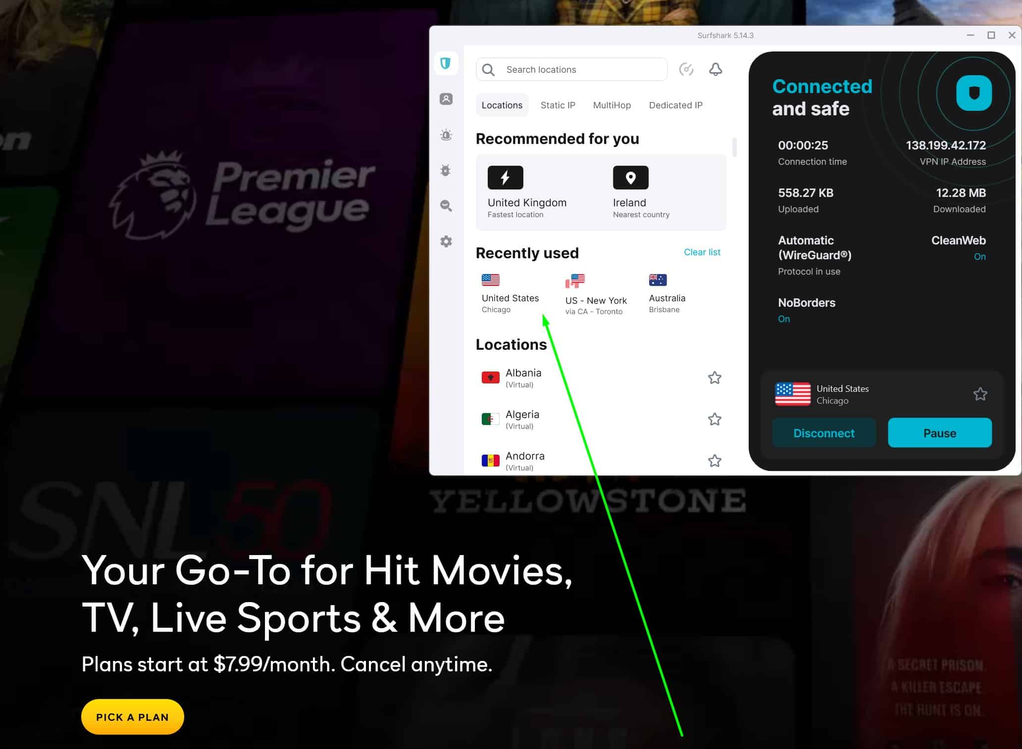Screenshot showing Surfshark accessing Peacock abroad