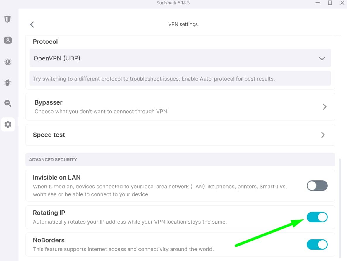 Screenshot showing Surfshark's rotating IP address option
