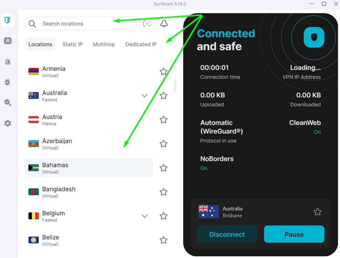 Screenshot showing how to select a server in Surfshark