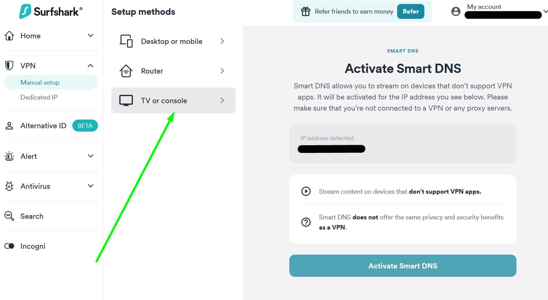 Screenshot of Surfshark's smart dns setup for tvs