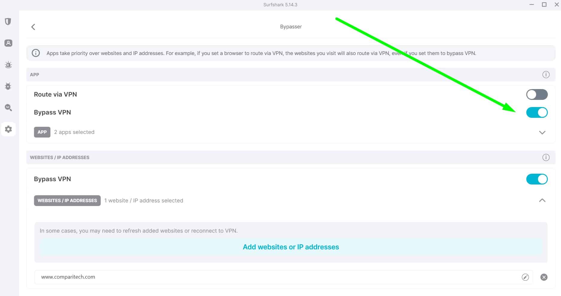 Screenshot of Surfshark's split tunneling options