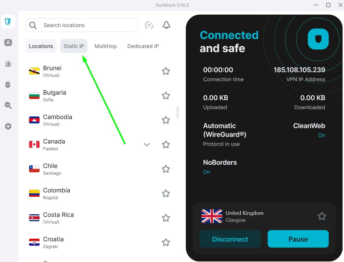 Screenshot showing Surfshark's static IP server option