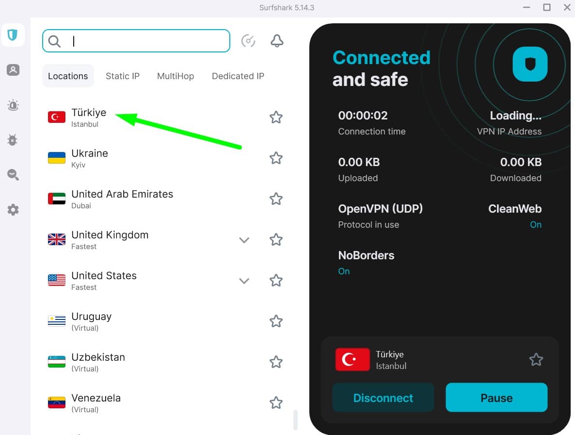 Screenshot showing Surfshark's turkey servers