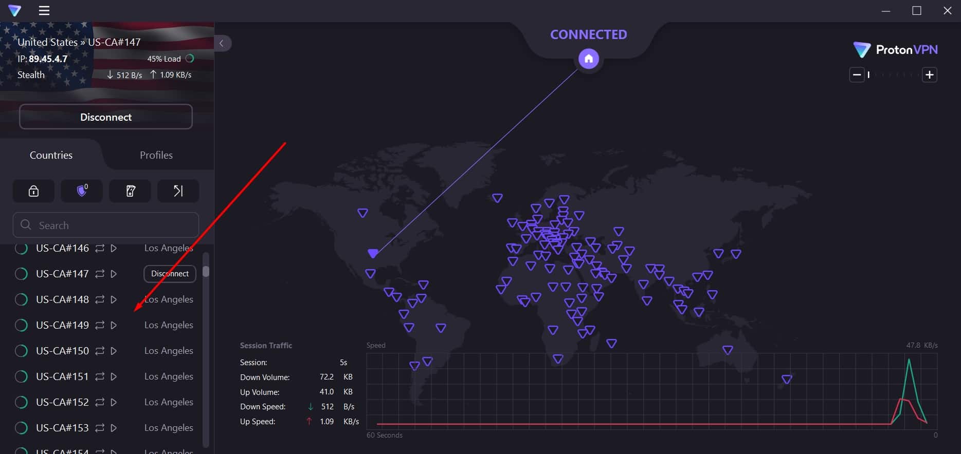 ProtonVPN's server list.