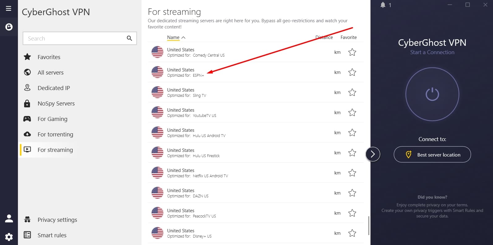 CyberGhost's US streaming servers.