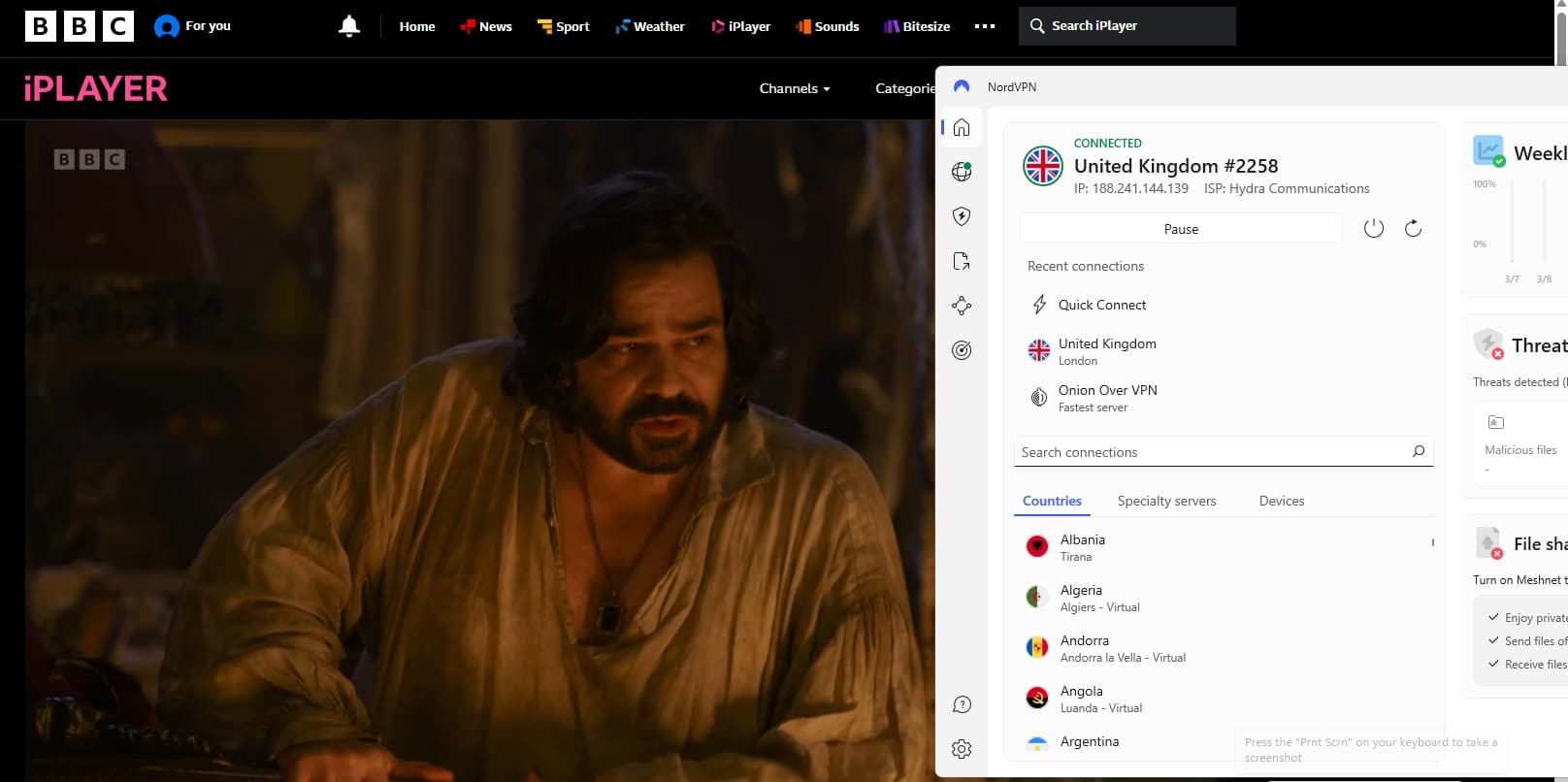 Streaming BBC iPlayer using NordVPN.