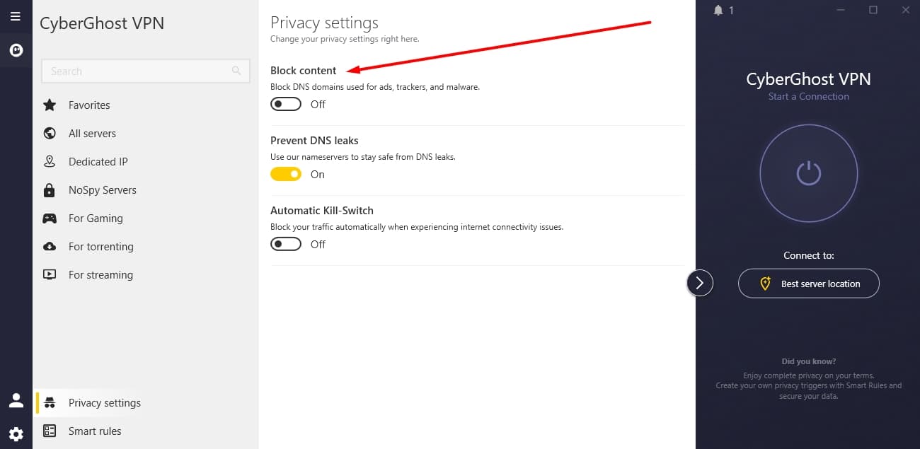 CyberGhost's privacy settings.