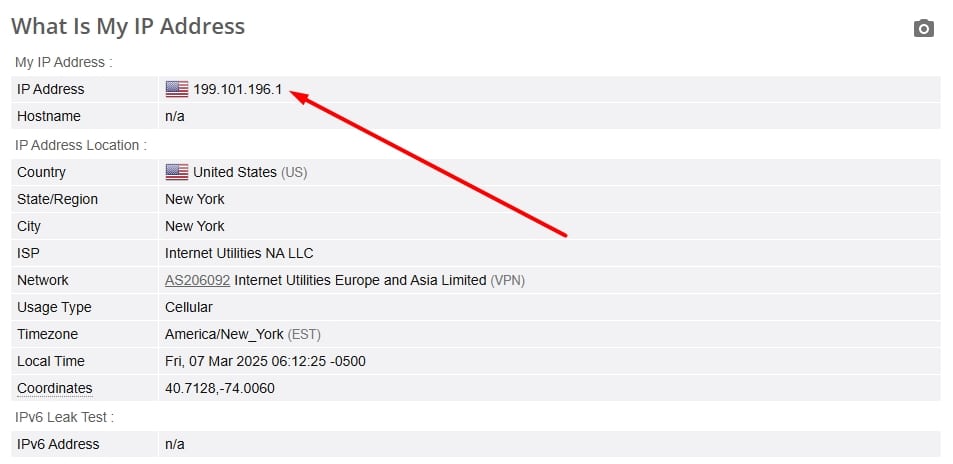 ExpressVPN's IP leak test.
