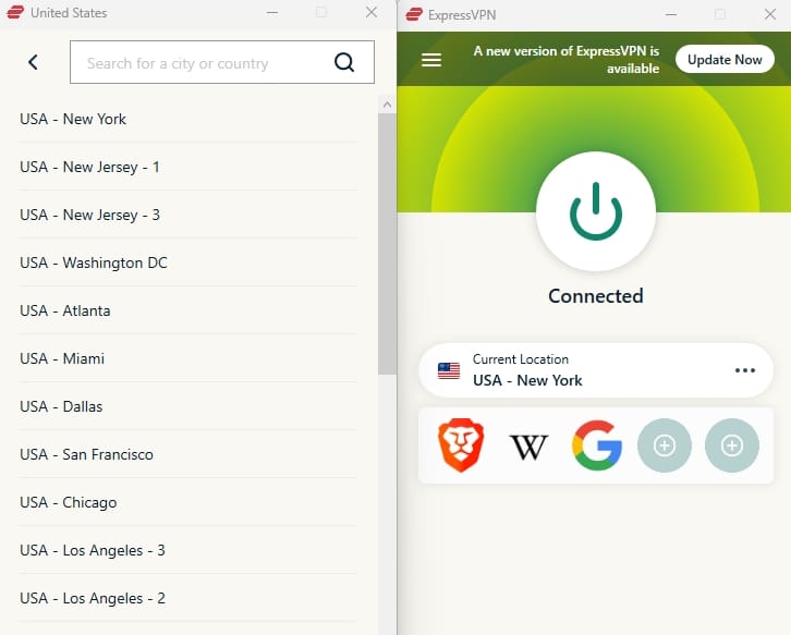 ExpressVPN's US server list.