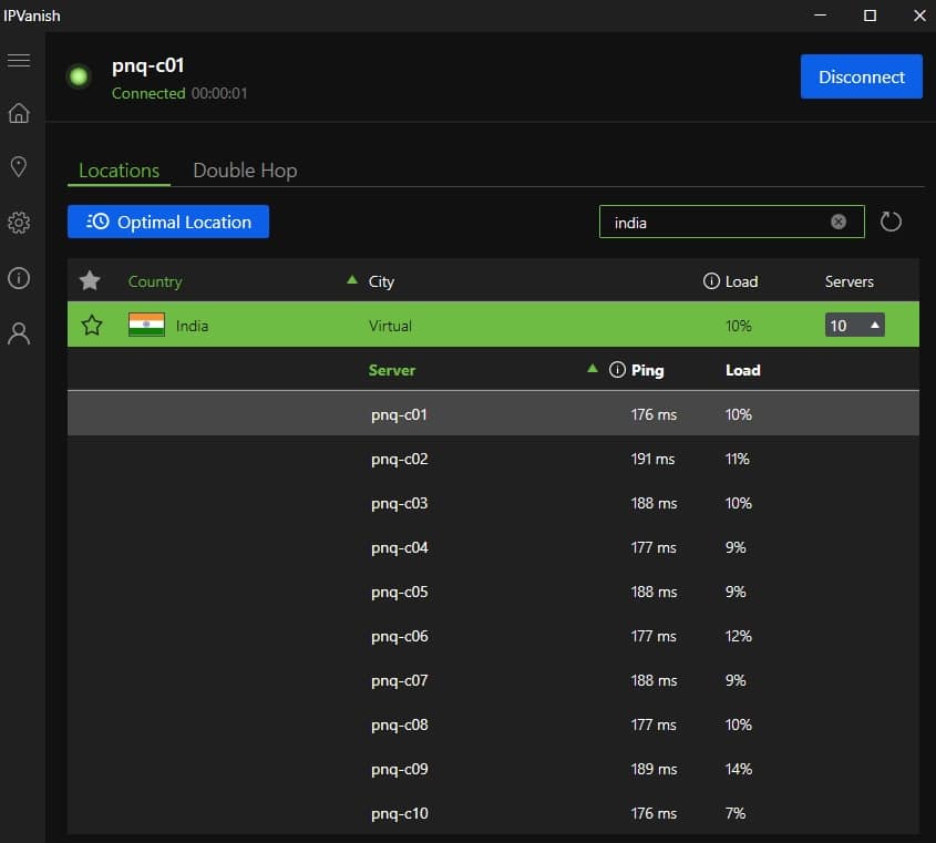 IPVanish's India servers.