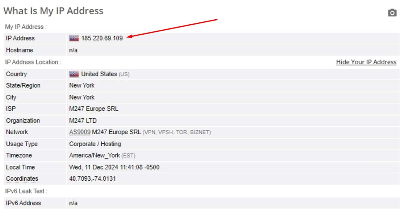 PureVPN IP leak test.